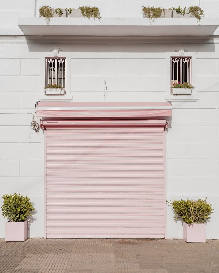 A pastel pink garage door with a closed rolling shutter, framed by matching pink planters holding green shrubs and small upper windows with decorative grilles, giving a soft and minimalist aesthetic