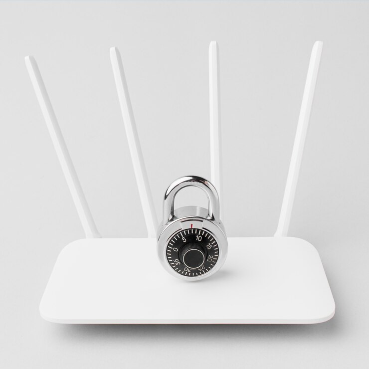 A white router with four antennas and a silver combination padlock placed on top of it, symbolizing network security and data protection