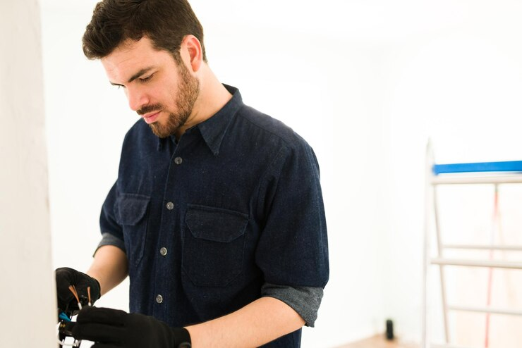 A man wearing a dark denim shirt and black gloves working on an electrical connection indoors, with a ladder and blurred background in a brightly lit room