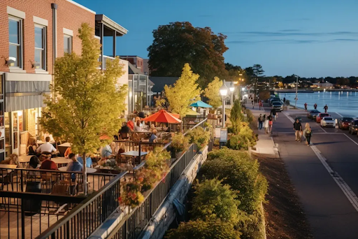 Evening view of a lively street in Burlington with outdoor dining areas filled with people under colorful umbrellas. Trees and shrubs line the walkway, while the adjacent road leads to a calm waterfront. The setting sun casts a warm glow, creating a cozy atmosphere.