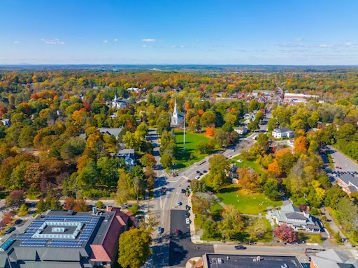 an aerial view of Lexington, MA, during what appears to be the autumn season