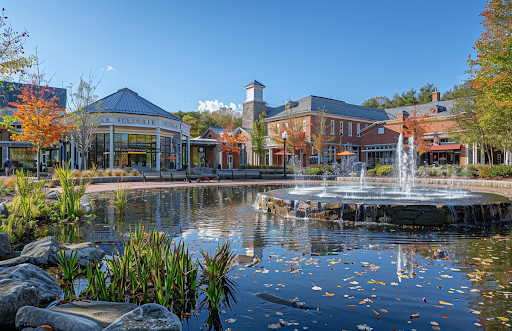 A picturesque view of Marlborough, MA, featuring a serene pond in the foreground with a decorative fountain surrounded by lush greenery. The backdrop showcases a blend of modern and classic architecture, including a charming pavilion and brick buildings. The vibrant autumn foliage adds a warm, colorful ambiance to the scene, reflecting on the calm water and enhancing the inviting atmosphere of the area