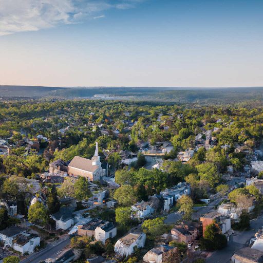 Aerial view of a town surrounded by lush greenery, with a prominent white church steeple and a scenic landscape under a clear sky